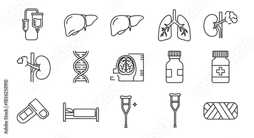 Medical and healthcare icon set with IV drip, liver, lungs, kidney, DNA, brain scan, pills, crutches, and bandage