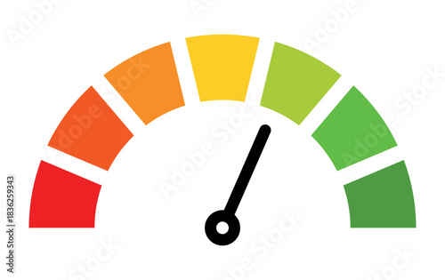 Speedometer gauge illustration showing performance level from red to green. Vibrant semicircle meter with gradient colors representing rating scale, progress indicator, efficiency, assessment concept
