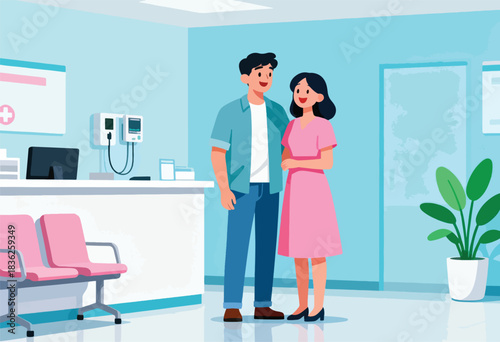A couple in a medical office, with equipment and chairs. Plants decorate the wall. Calm and clean design