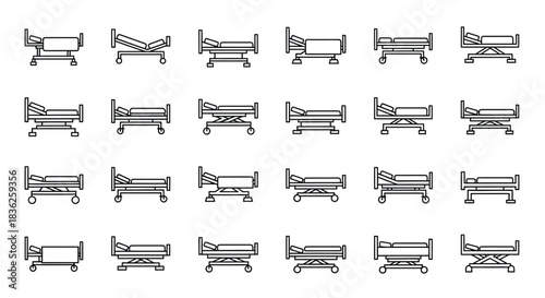 Set of twenty-four hospital bed icons in detailed medical equipment line art