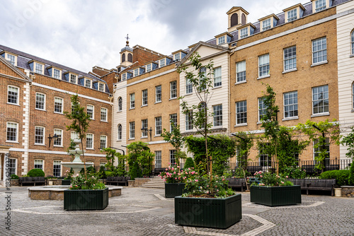 View of Heron Square, a quiet riverside development redesigned in the 1980s, blending historic facades with classic architecture, in Richmond upon Thames, south of London, England, Uk