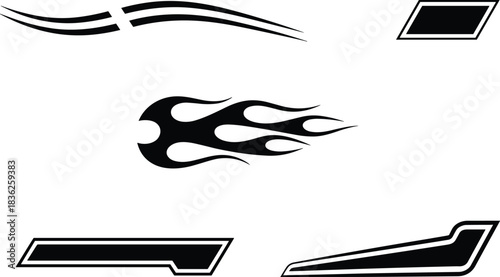 Set of black and white automotive vinyl decals including flame graphic and racing stripes, car sticker designs for customization,