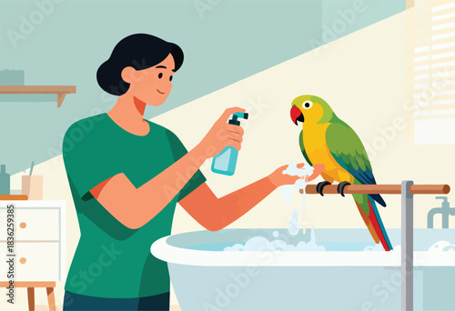A woman sprays water on a parrot perched on a stand near a bathtub. A home scene