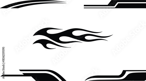 Set of black and white automotive vinyl decals including flame graphic and racing stripes, car sticker designs for customization,