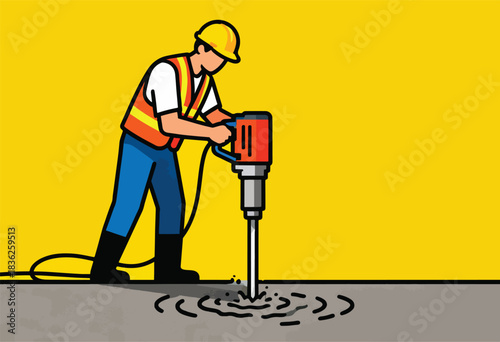 A construction worker, wearing safety gear, operates a jackhammer, drilling into concrete with a vibrant yellow background