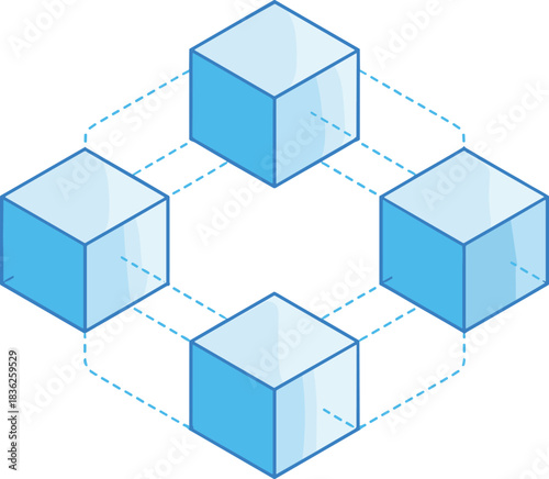 Minimalist illustration of interconnected blue cubes representing blockchain network structure, decentralized data system, digital technology, secure transactions and modern computing