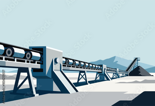 Minimalist illustration of a conveyor system with rollers, transporting material across a landscape