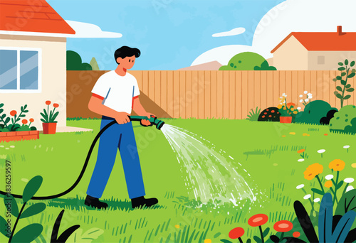 A person waters a lawn in a sunny yard with plants and houses, using a hose