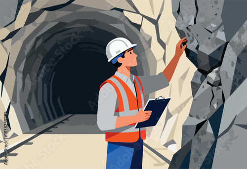 A worker in a hard hat and safety vest examines a rock formation in a tunnel. Clipboard in hand