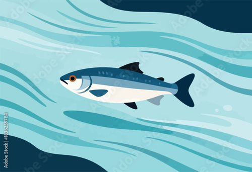 A stylized fish swims through blue stylized water, featuring light and dark blues in a flat design