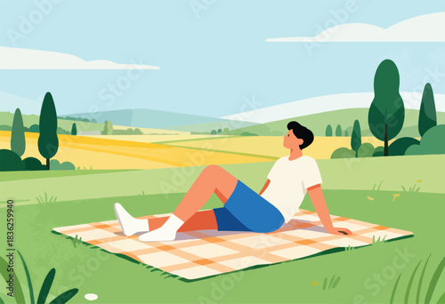 A person in shorts and a t-shirt relaxes on a checkered blanket in a lush green meadow, a sunny day