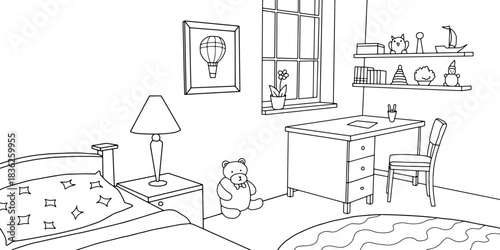 Children room graphic black white home interior sketch illustration vector 