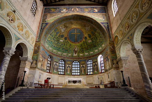 Ravenna, Italy - September 30 2025: Basilica Sant' Apollinare in Classe Church Interior with Mosaics of Saint Apollinaris in tha Apse and Altar.