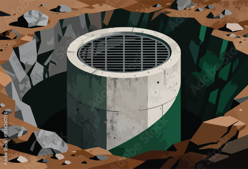 An illustration showing a round, concrete structure with a grated top, in a stylized, geometric pit surrounded by rocks