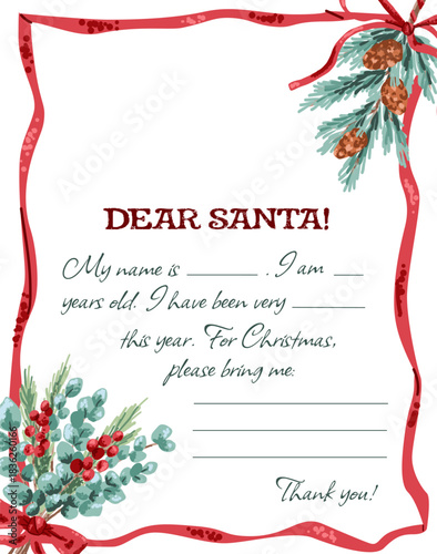 Christmas letter to Santa template with december winter plants