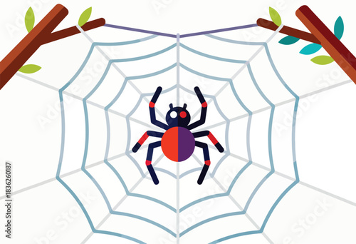 A flat vector illustration features a spider in its web suspended between tree branches with leaves