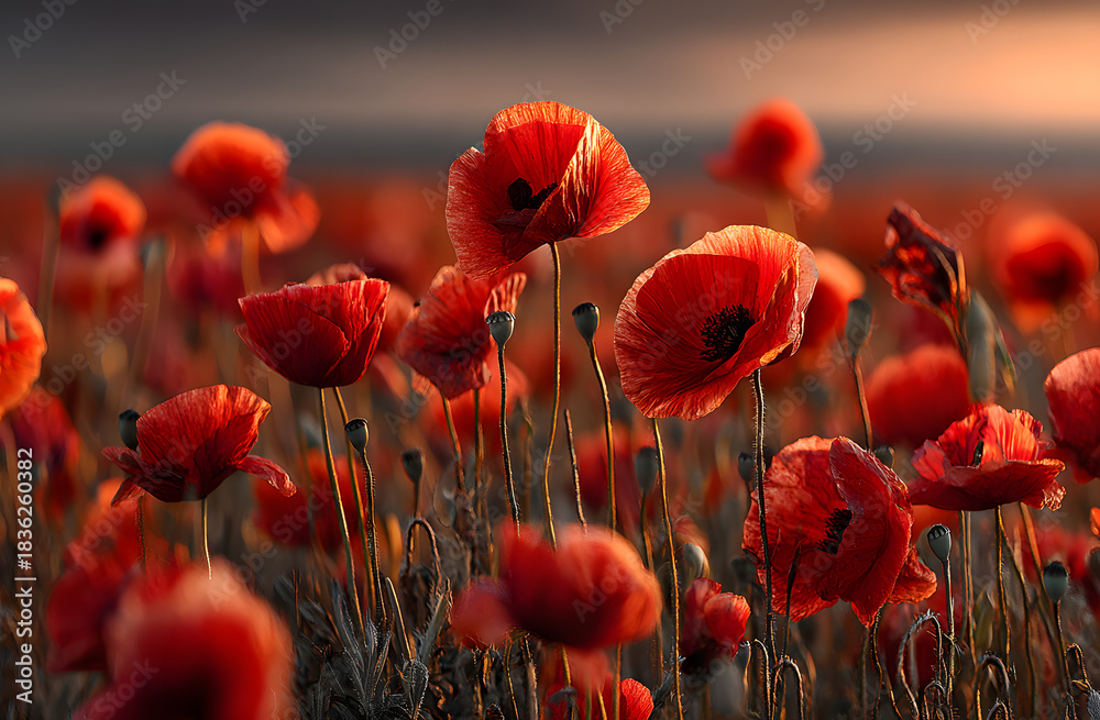 Obraz premium Red poppy field at sunset. Vibrant red flowers on memorial Veterans Day. Sunset light over landscape of poppies field. Concept of remembrance and honor. Beautiful nature background.