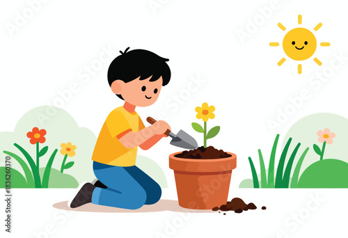 A cartoon child kneels, using a trowel to tend a flower in a pot. Smiling sun and plants decorate scene