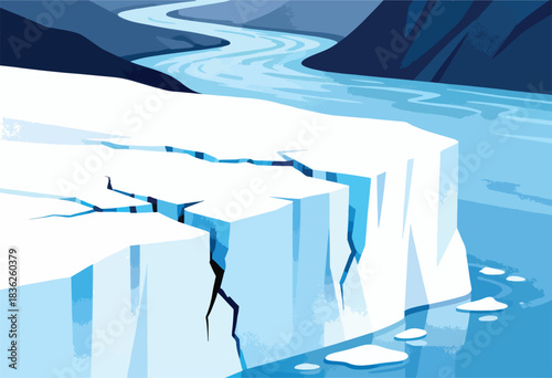 Stylized illustration of a cracked glacier beside a river in a mountainous landscape, using a cool palette