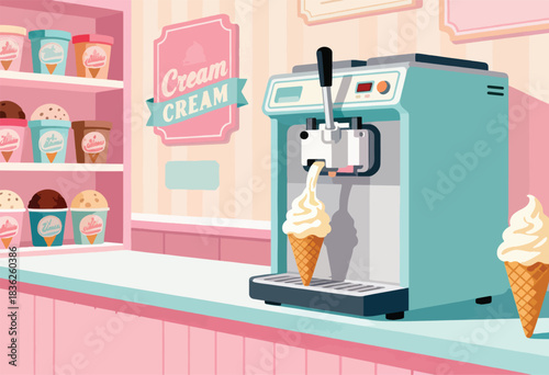 An ice cream parlor with colorful decor and a soft-serve machine. The machine dispenses into a cone. Various flavors of ice cream are shown