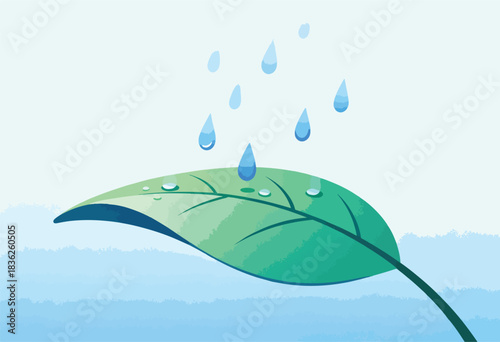 A green leaf with water droplets falling, some landing, creating an illustration of freshness and nature