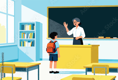 Classroom illustration of a teacher waving to a student with a backpack. Tables and bookshelves are visible