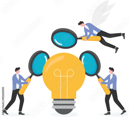 group of businessmen around a huge idea bulb, confused crowd,
