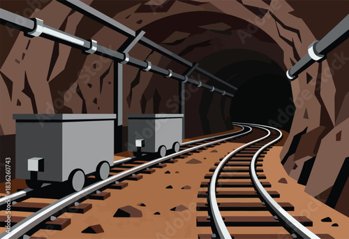 A stylized illustration depicting a mining tunnel with rails, carts, and pipes disappearing into darkness