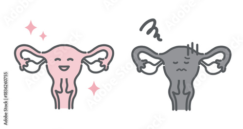 健康な子宮と不調な子宮の比較イラスト（キャラクター・対比）