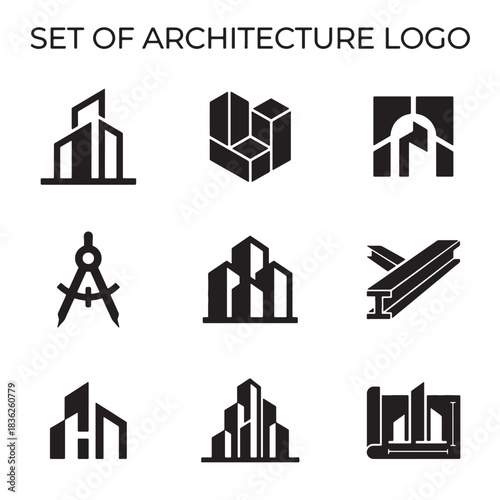 Set of modern abstract architecture logo icons featuring building, construction, design, and engineering elements, perfect for professional branding or conceptual projects.