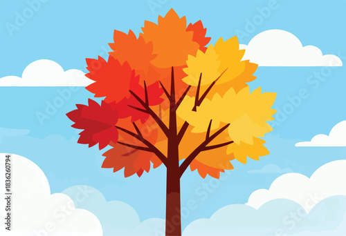 A vibrant illustrated tree with autumnal foliage of red, orange, and yellow against a blue sky with fluffy white clouds