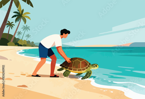 A person assists a sea turtle back into the ocean on a sandy beach under palm trees