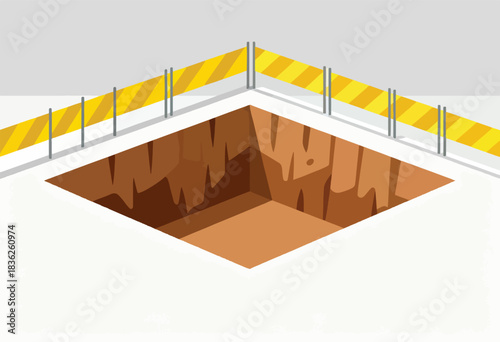 An isometric illustration depicts a construction site. A deep pit is guarded by a striped safety barrier