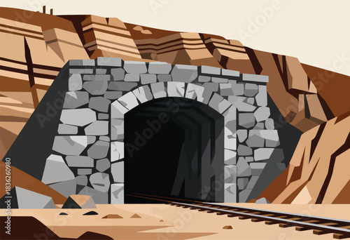 Stone tunnel entrance leads into darkness, with tracks, set in a brown rocky landscape under a light sky