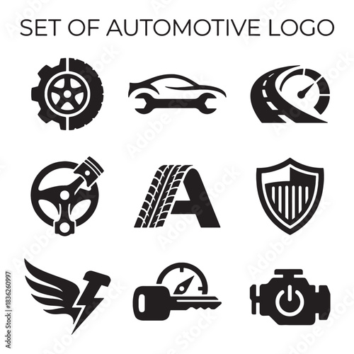 Comprehensive Automotive Vector Logos and Icons set for car repair and service businesses, featuring detailed engine, tire, and transportation symbols, ideal for branding.