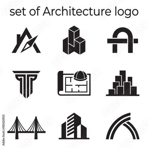 Modern Architecture and Construction Logo Set: Vector Icons for Building Design, Engineering Projects, and Corporate Branding.