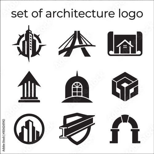 Professional set of modern black architecture logo icons on a white background, perfect for real estate, construction, and vector design projects.