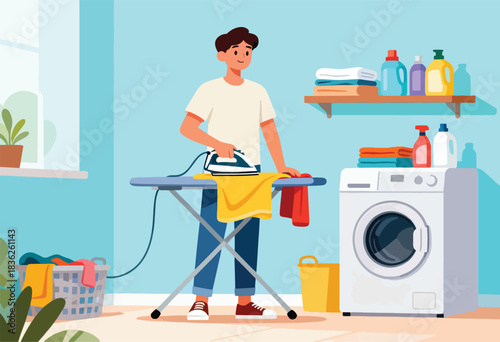 A person irons clothes in a laundry room, with a washing machine, shelf of supplies, & laundry basket