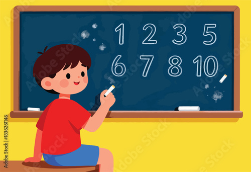 A young child with a red shirt and blue shorts is writing numbers on a chalkboard