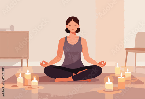 A woman meditates in lotus pose surrounded by candles. Simple illustration in warm colors conveys peace