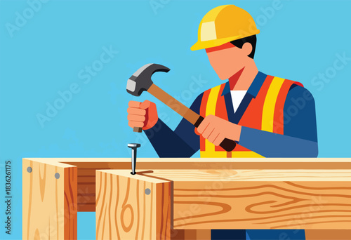 A construction worker, wearing safety gear, uses a hammer to drive a nail into a wooden structure