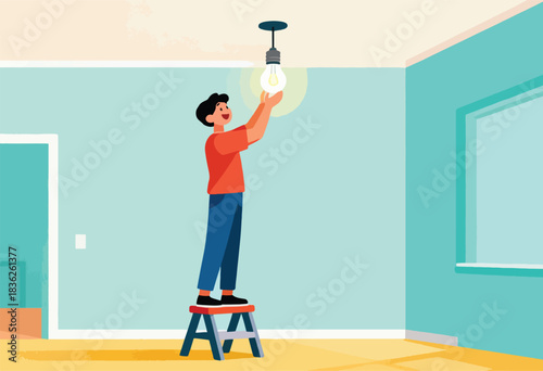 A person standing on a stool replaces a lightbulb in a brightly colored room with a window
