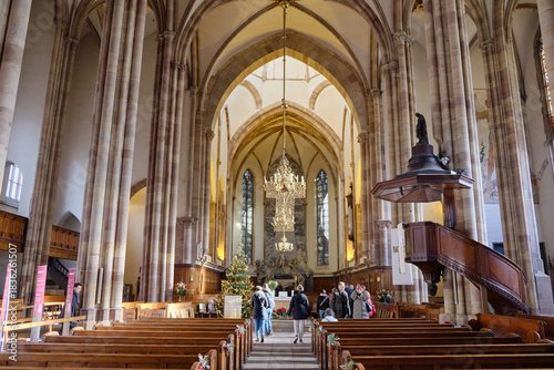 2024, 30 December, France, Alsace, Strasbourg: View of Notre Dame cathedral with frame houses