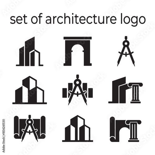 A comprehensive set of architecture logo icons in vector format, featuring modern building designs, construction elements, and blueprint tools for design projects.