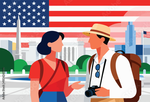 Illustration of two tourists in front of an American flag, buildings. One has a camera, hat and backpack