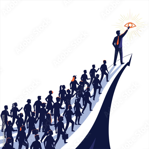Visionary leader holding an eye symbol guides followers up an arrow.