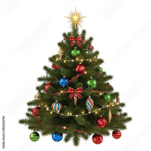 Realistic Christmas Tree with Decorations Isolated on Transparent Background