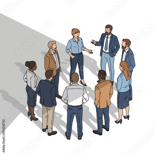 Diverse group of business professionals in a circle discussing ideas.