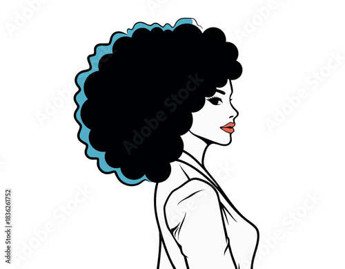 Stylized Minimalist Vector Portrait of a Woman with Large Afro Hairstyle and Wavy Outlines Against a Black Background Abstract Leaves Floating Behind Her