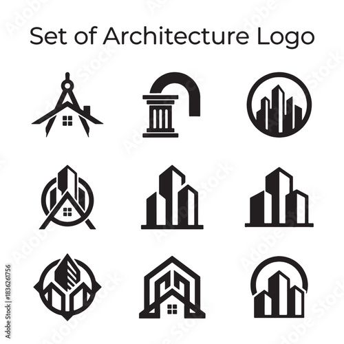 Diverse collection of modern architecture logos, showcasing abstract building icons and stylized house designs, ideal for real estate, construction, and professional branding purposes.